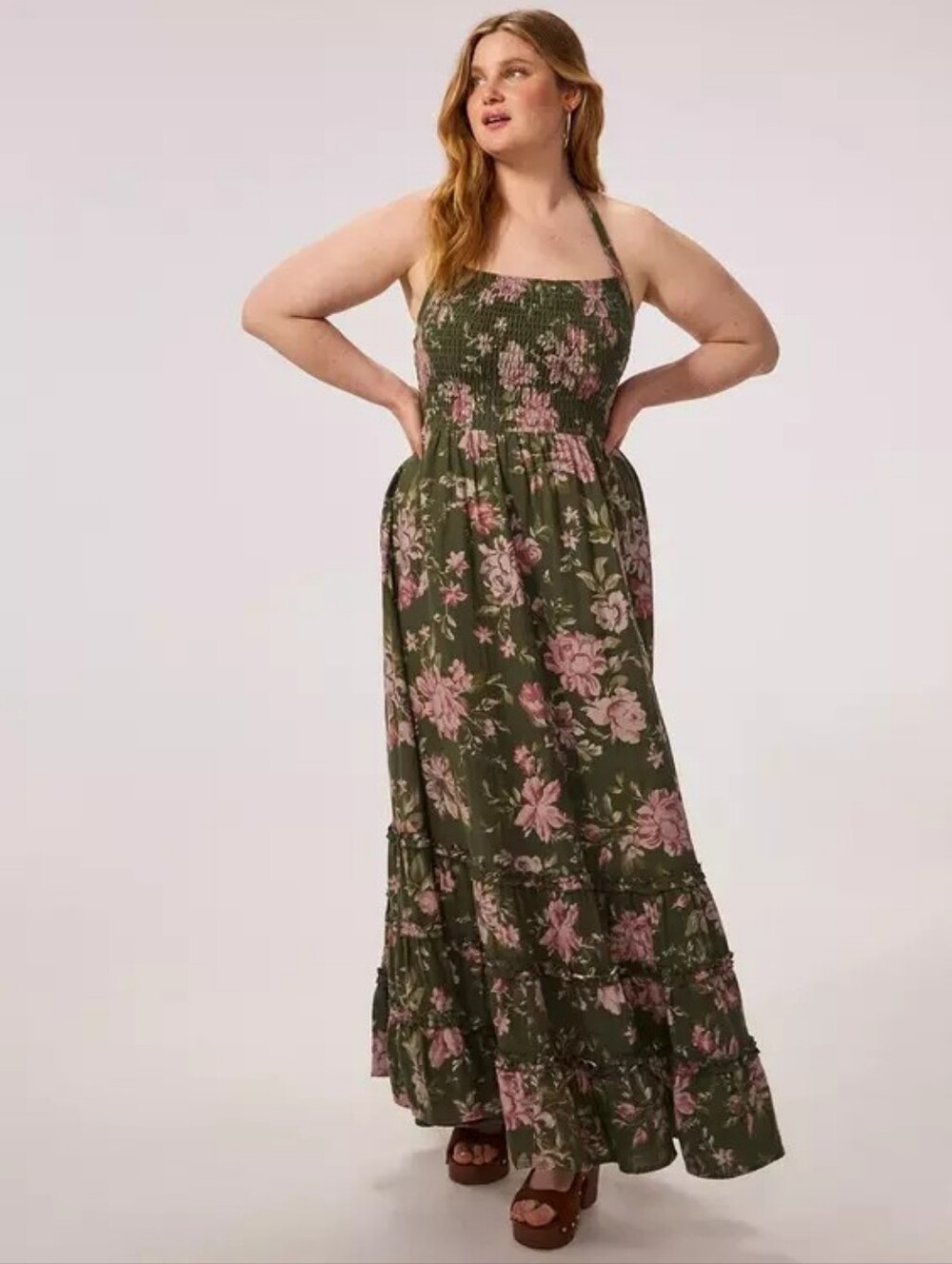 Torrid Festi Green Cotton Smocked Halter Maxi Dress Women's Plus Size 2X Nwt